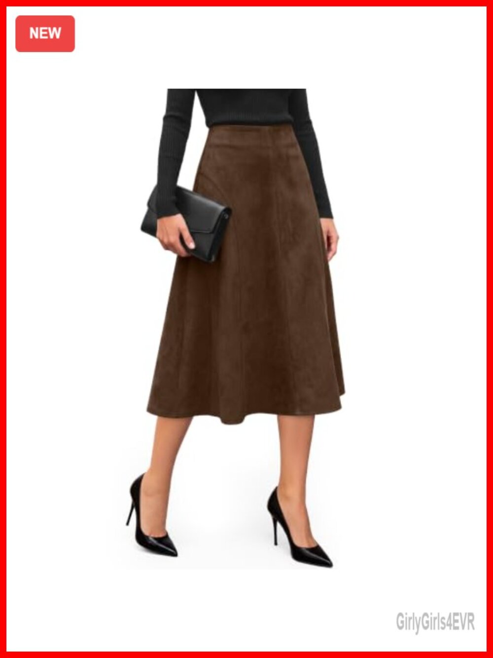 Faux Suede Midi Skirt High Waist A-Line Flared Hem Vintage Style